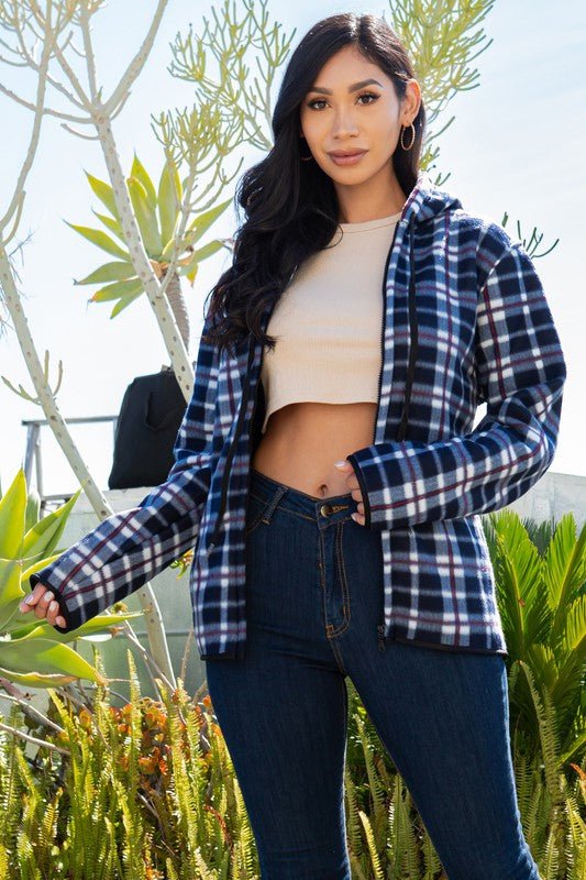 SHERPA LINED PLAID HOODED ZIP-UP JACKET